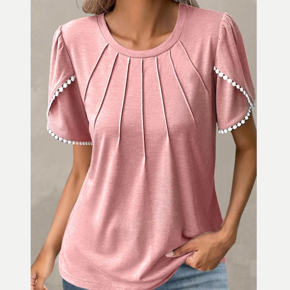 

Футболки, повседневные пуловеры, женские летние топы, модные блузки, кружевная повседневная футболка с короткими рукавами, рубашка 5XL розовый