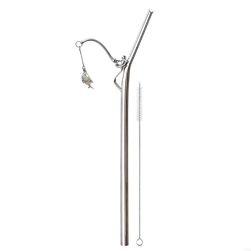 Fun Fishing Figure Straw Stainless Steel Drinking Straw for Cocktails Iced Coffee Beverages and Home Decoration P9YB