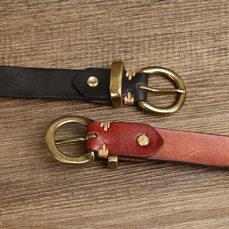Women's Belt Vintage Crumpled Korean Style Fashion All-Matching Brass Buckle Genuine Leather Jeans Belt Women's