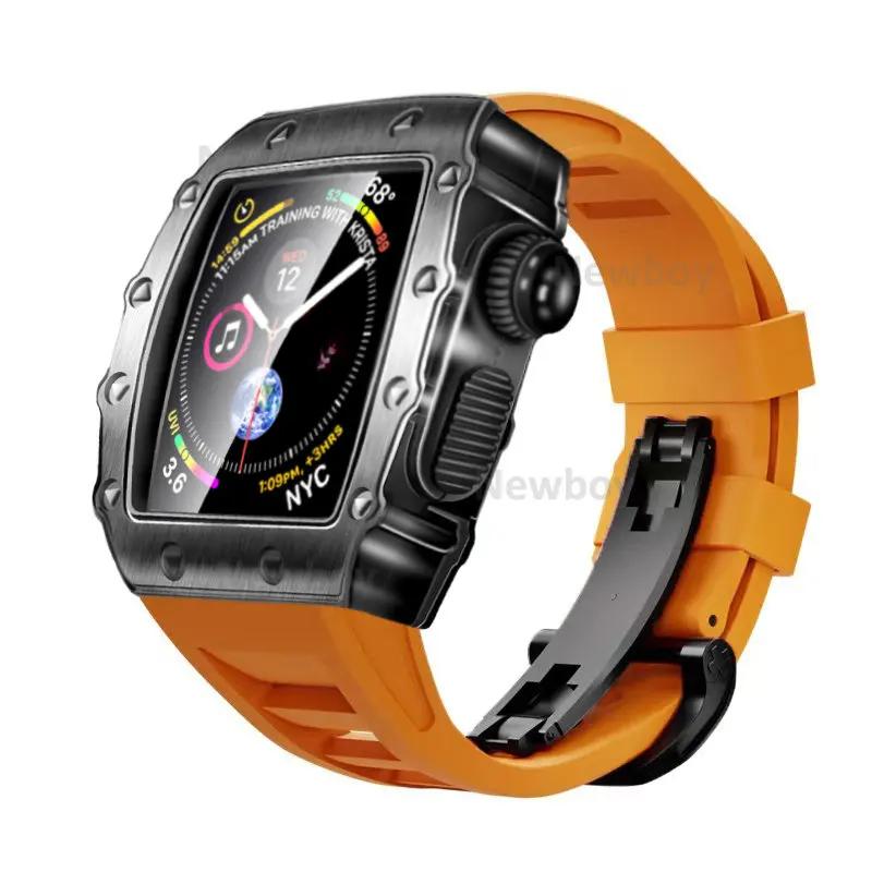 Men Case Strap for Apple Watch Series 8 7 41mm 45mm Rubber Sport Band for iWatch 6 5 4 SE 40 44mm Luxury Metal Modification Kit