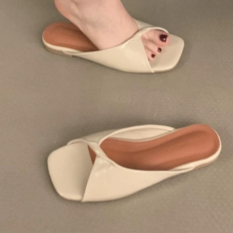 

Summer Womens Fashion Square Toe Open Toe Narrow Strap Sandals New Style Open Heel Designer Outdoor Soft Bottom Beach Flip Flops 40 бежевий