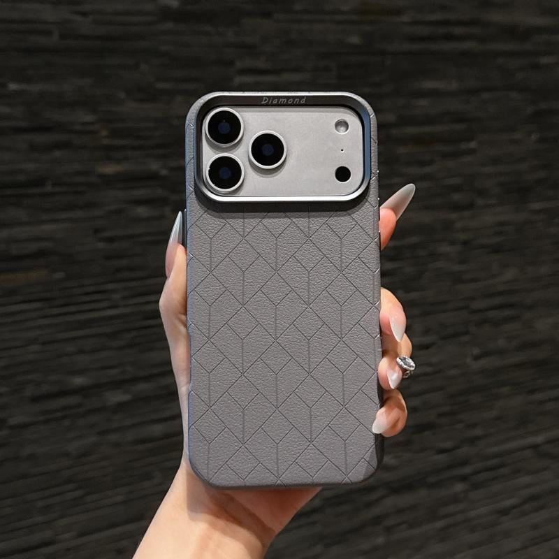 Diamond Grid PU Leather For Magsafe Case For iPhone 17 16 15 14 13 Pro Max Air Metal Lens Heightening Anti-drop Protector Cover