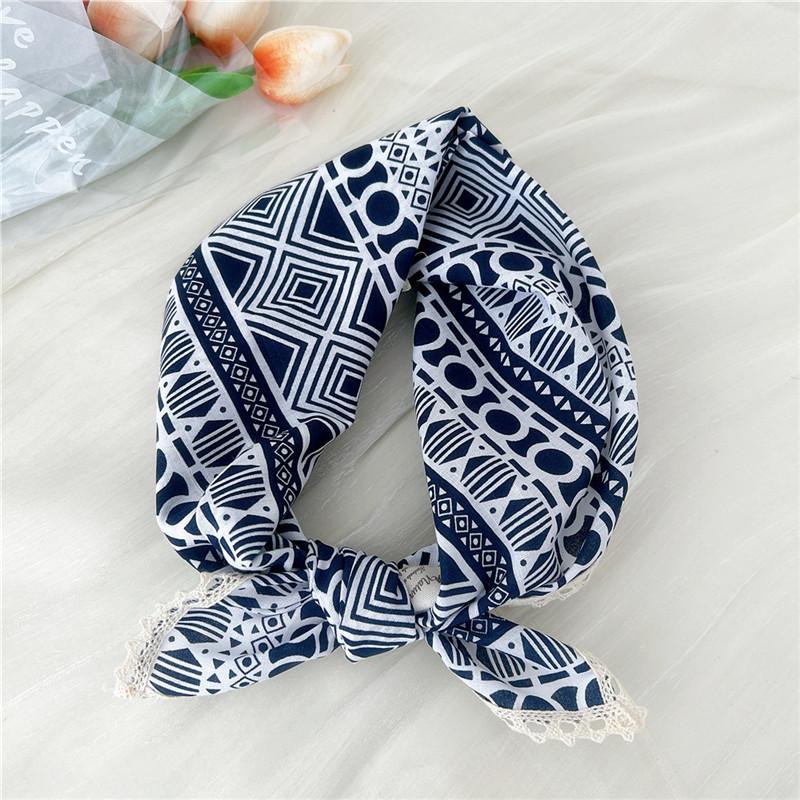 Cotton Linen Lace Edge Square Scarves 60cm Kerchief Neckerchief Bandanas Women Casual Neck Scarf Plaid Print Geometric Pattern