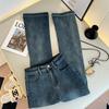 Elastic Women's High-Waisted Micro-Flare Jeans, Patchwork Blue-Gray, Floor-Length Bell Bottom.