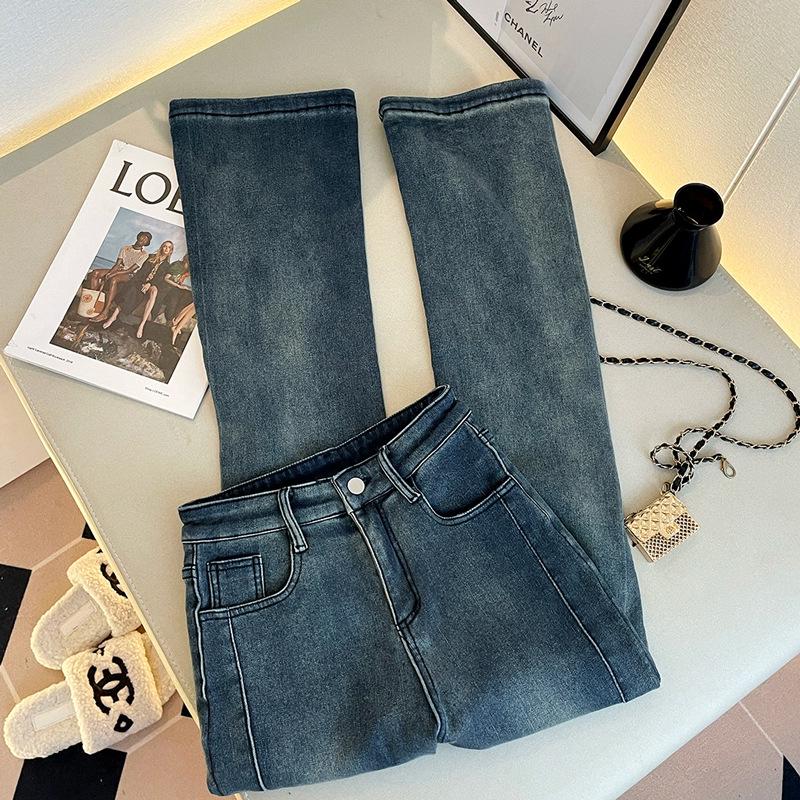 Elastic Women's High-Waisted Micro-Flare Jeans, Patchwork Blue-Gray, Floor-Length Bell Bottom.