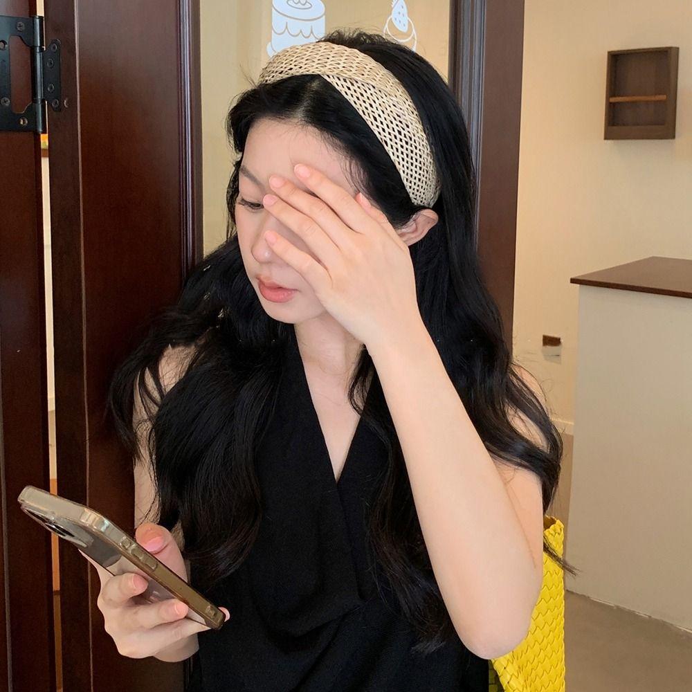 Hollow Wide Edge Hairband Hair Band Bohemian Style Hair Hoop Straw Weave Headband  Daily