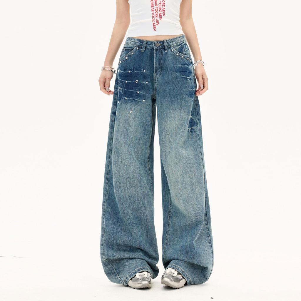Spring Summer Vintage Blue Beaded Slub Wash High Waist Floor Wide Leg Denim Pants For Women Casual Pants Oversize Denim Trousers