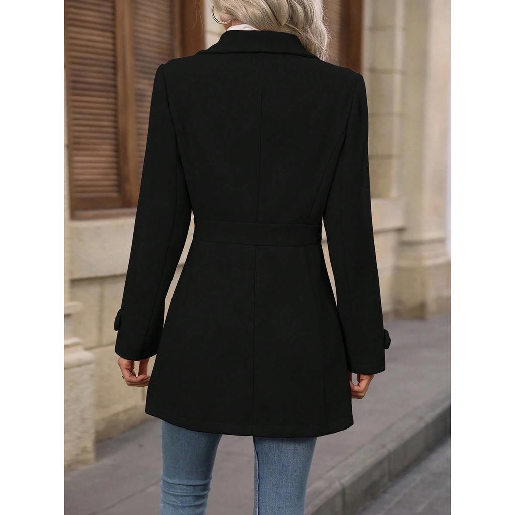 Women's Notched Lapel Wool Blend Coat, Slim Fit Belted Waist Trench with Thermal Lining, Elegant Office Chic Overcoat for Commute With Pockets