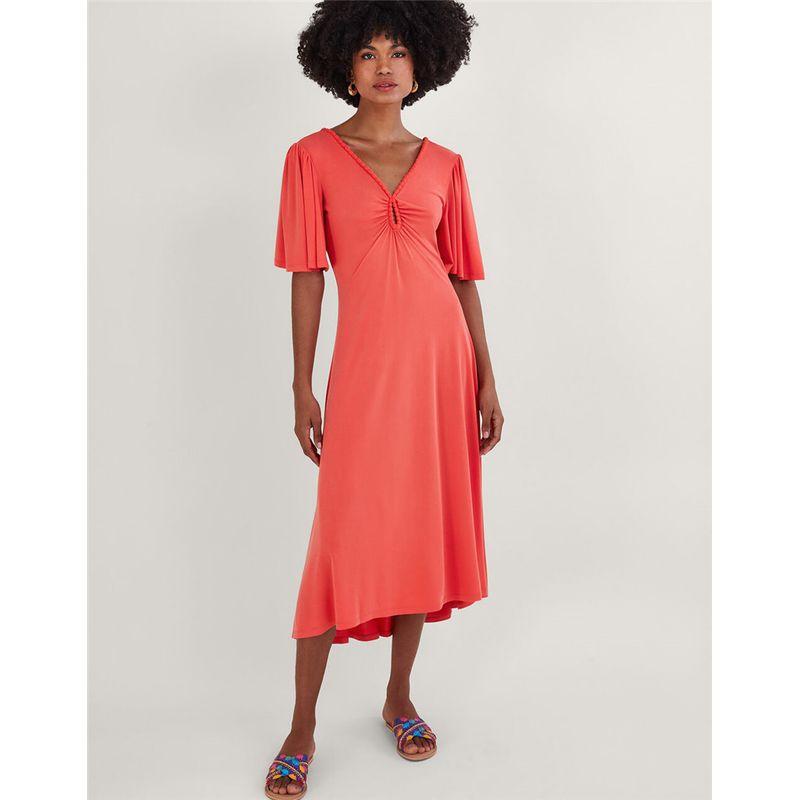 

British Original Order Leftover Stock Summer New Plaid Breathable Modal Keyhole Pompon Decoration Female Long Dress Rose Red L