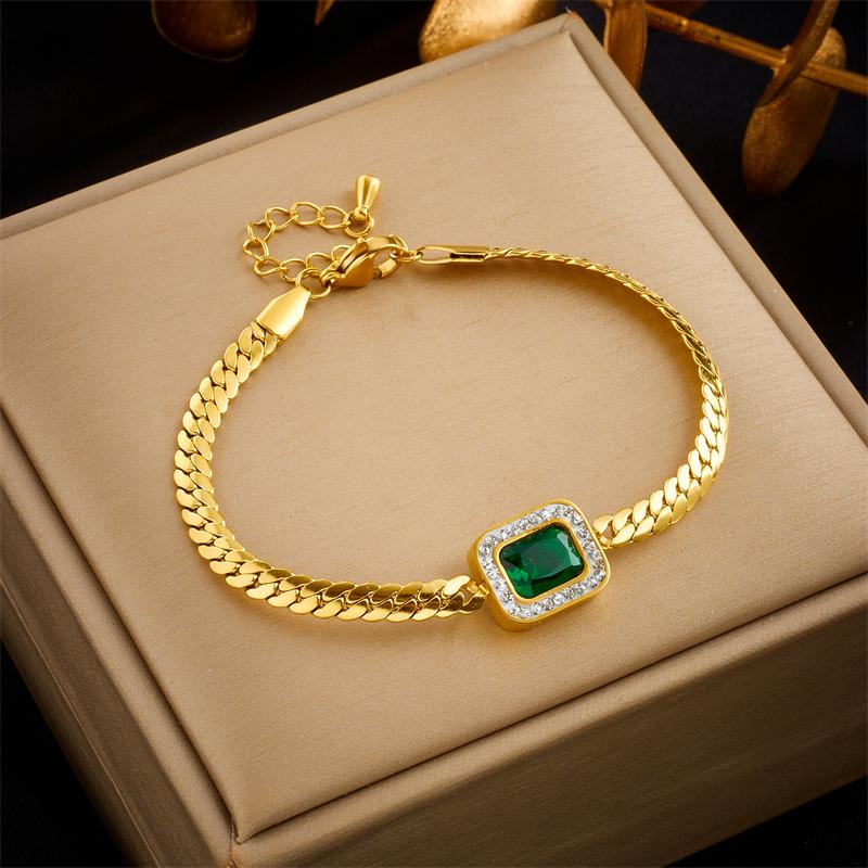 Stainless Steel Square Green Crystal Zircon Pendant Necklace Earrings Bracelet Jewelry Set for Women Gifts