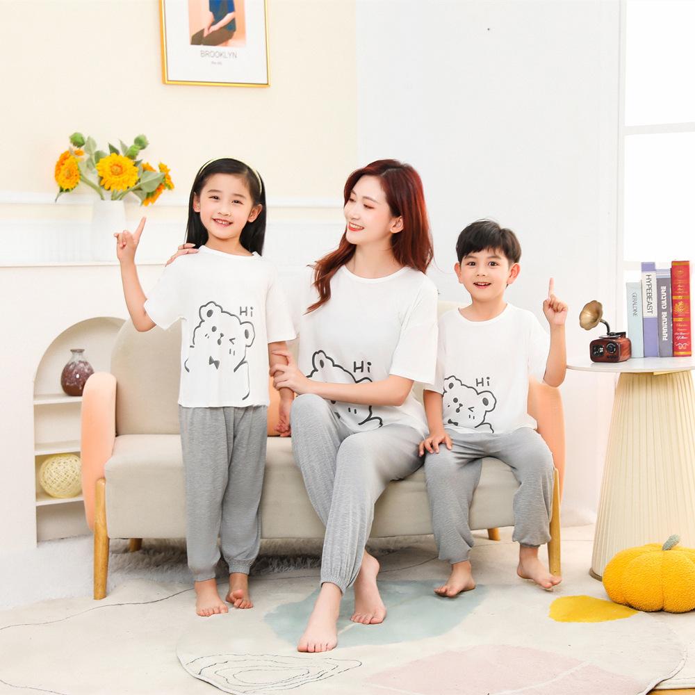 

Летний модальный пижамный комплект для родителей и детей: Короткий рукав, свободный крой для мальчиков и девочек 140cm серый/белый