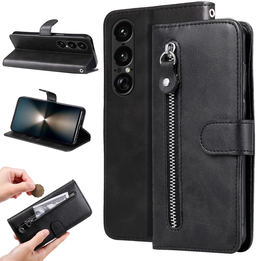 For Sony Xperia 1 VII PU Leather Cases with Zipper Pocket Wallet Phone Cover Stand