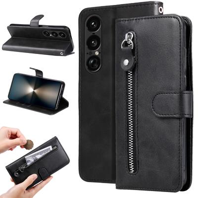 For Sony Xperia 1 VII PU Leather Cases with Zipper Pocket Wallet Phone Cover Stand