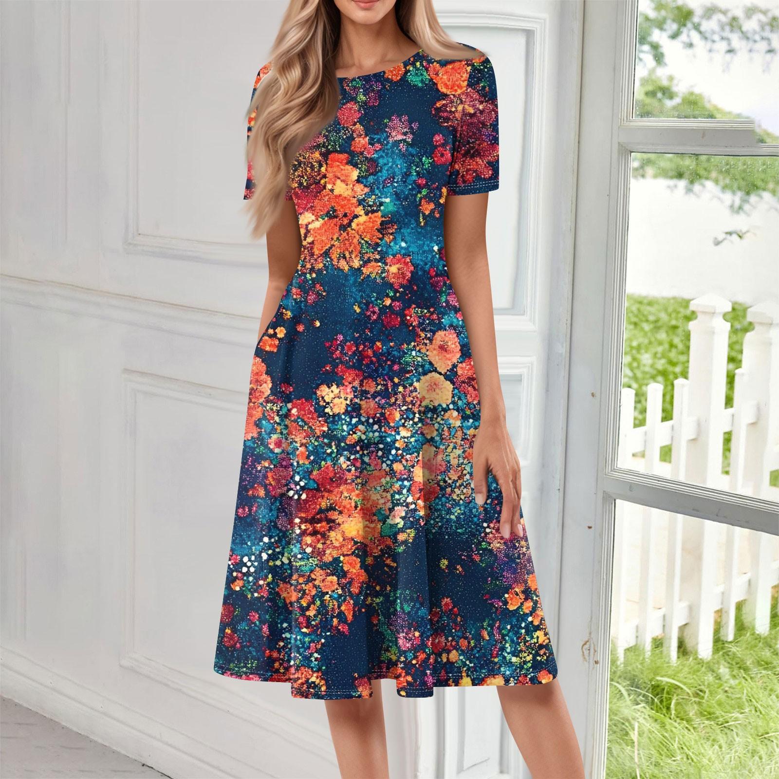 

Женское свободное повседневное и модное платье с круглым вырезом и короткими рукавами, средней длины с принтом XL