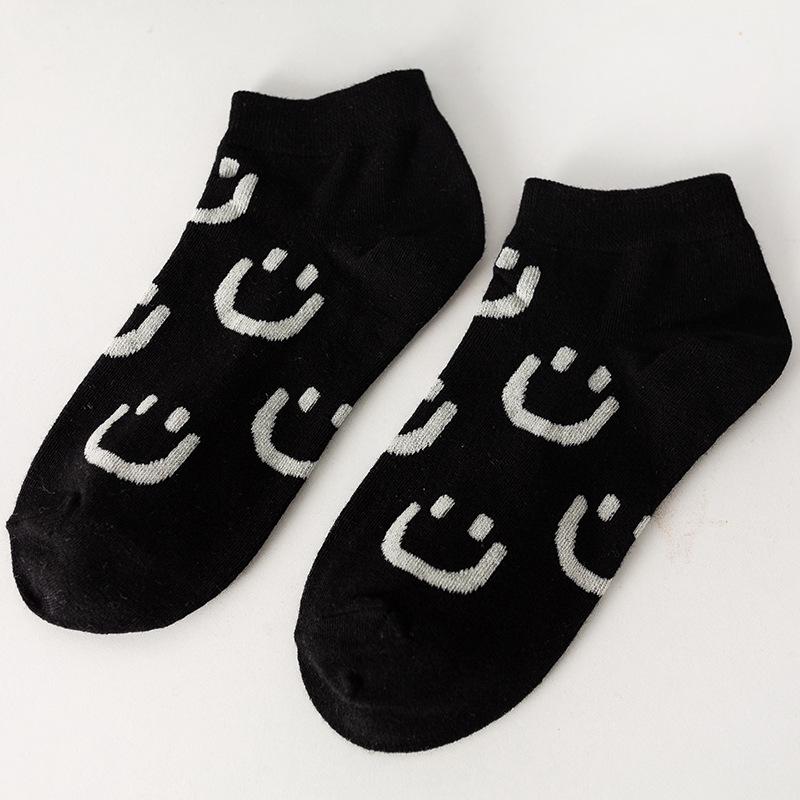 Women's Black Smiley Face Low-Cut Boat Socks - Summer Thin & Breathable Cartoon Design