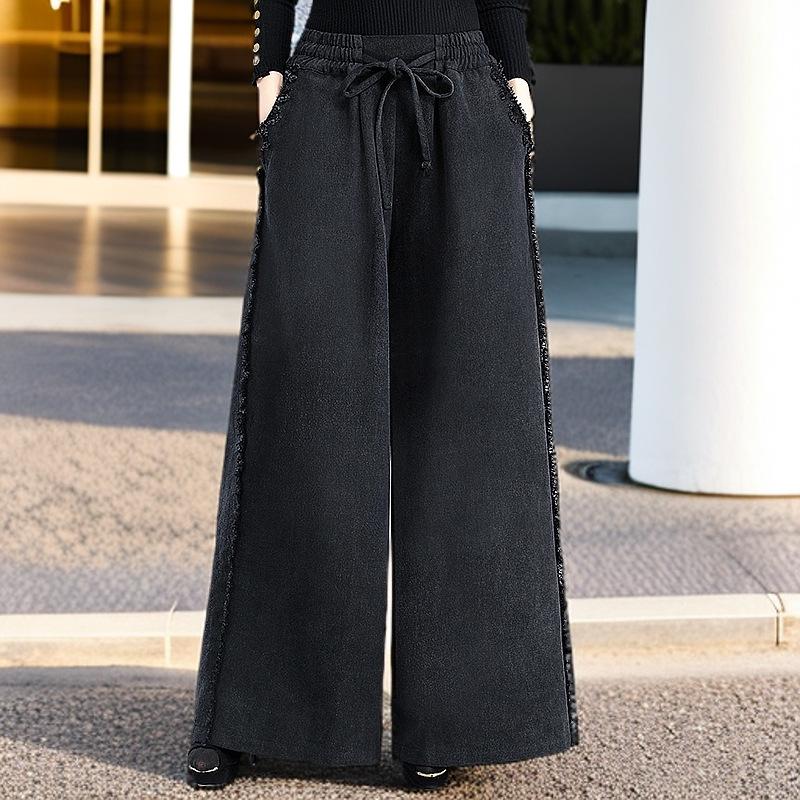 

Women s Plus Size Black High-Waisted Wide-Leg Jeans - Loose, Floor-Length, Fashionable Casual Pants XL (for 72.5-82.5kg) чёрный