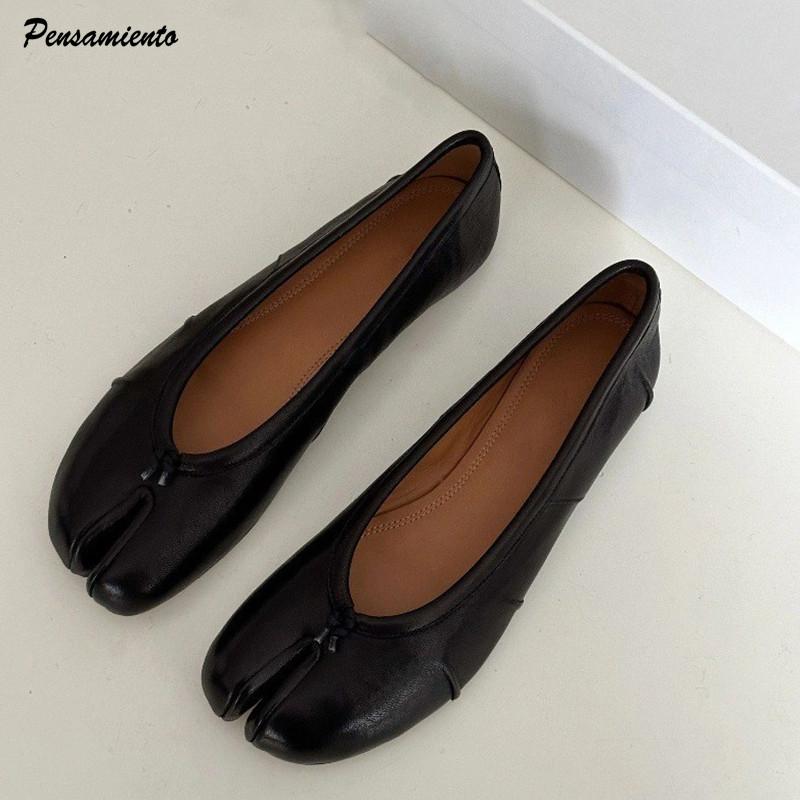 Soft Leather Split Toe Women Tabi Ballet Flats Spring Autumn Comfortable Walking Lazy Loafers Casual Girls Dance Shoes