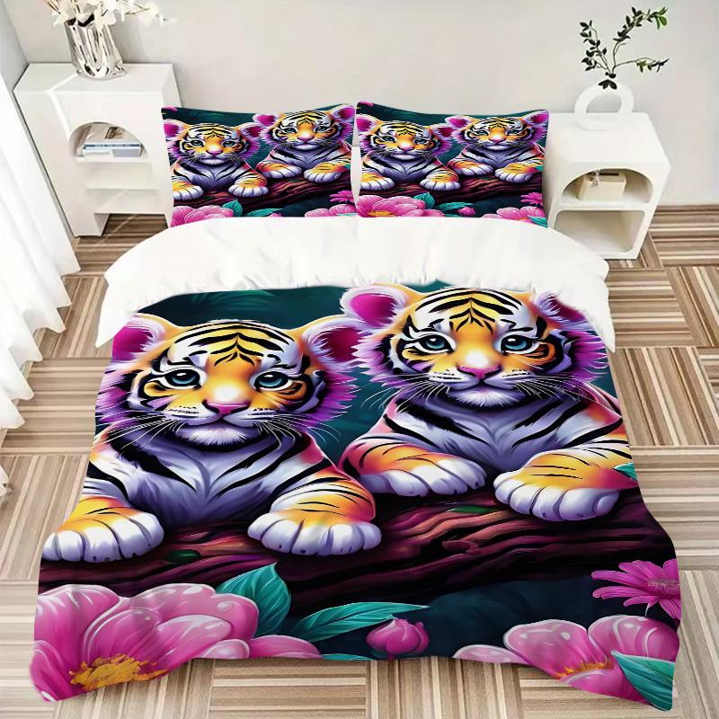 3pcs Tiger Cubs Duvet Cover Set -Includes 1 Duvet Cover and 2 Pillowcases, No Quilt Core, All-Season Home Decor  Yy251111196