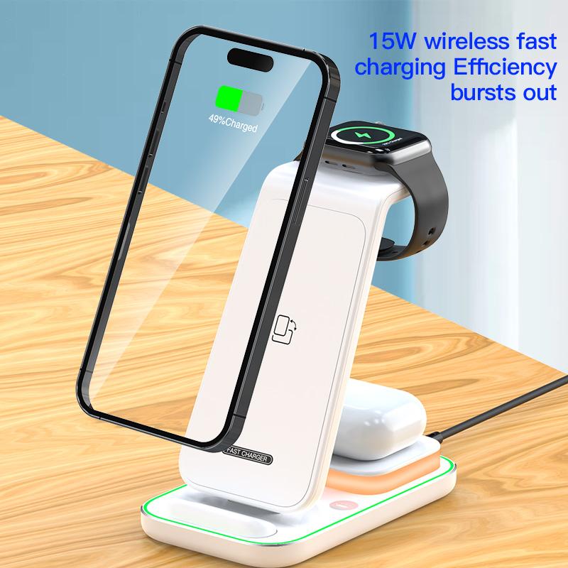 YF-A6 3 în 1 15W Încărcător Wireless cu Bobină Dublă cu Lumină de Noapte pentru iPhone/Apple Watch/Suport de Încărcare AirPods