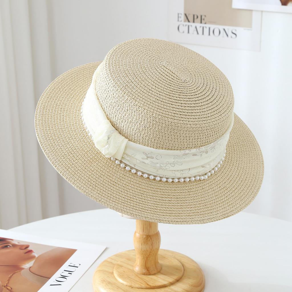 Flat Top Straw Hat for Women with High-End Feel, Pearl Ribbon, Sun Protection, and Sunshade Hat