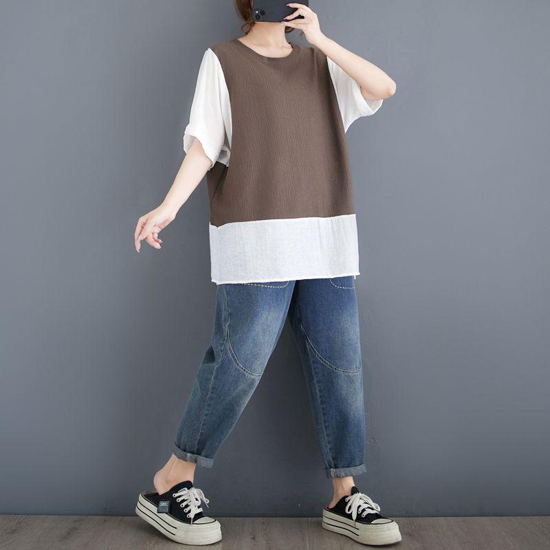 Summer Women's Color Block Layered Top Loose Crew Neck Short Sleeve Casual Blouse