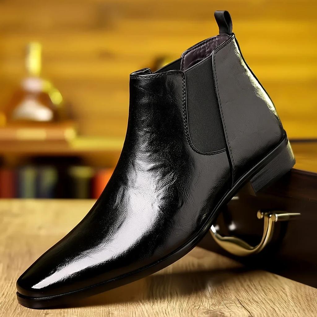 Leather Chelsea Boots Men's Spring Autumn High Top Pointed Toe Soft Leather Breathable Short Boots Casual Slip-On Shoes