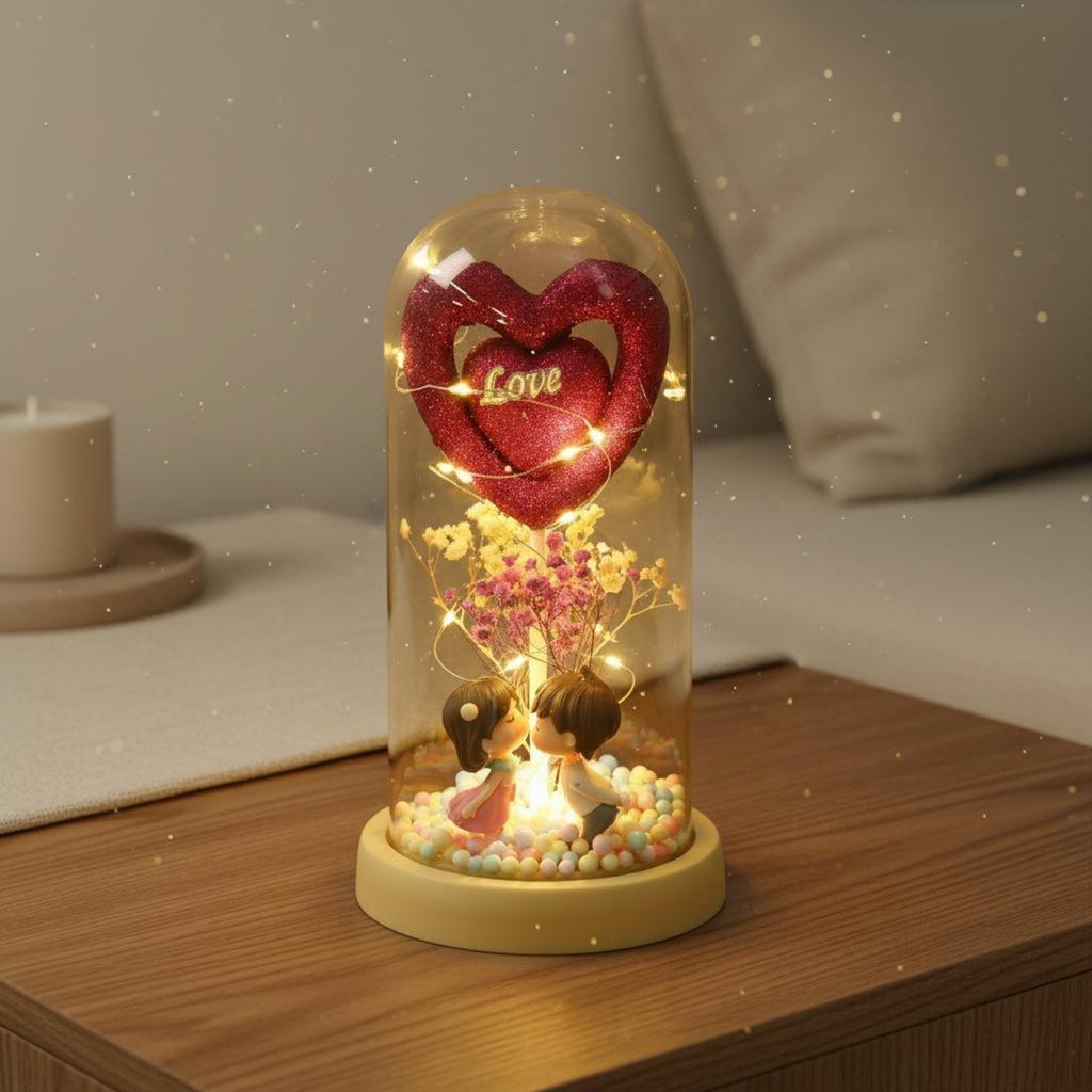 Love Heart Lamp-up Cloche Couple Figurine Glass Dome House Decoration Indoor Lighting for Girlfriend, Bedroom