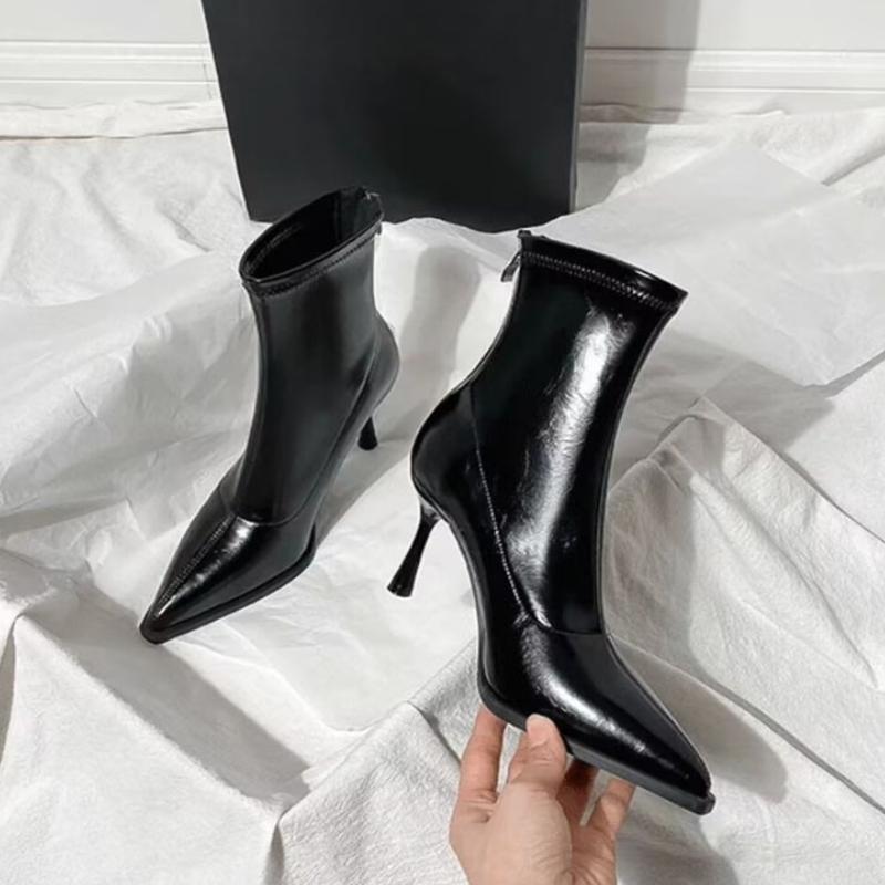 Mote Høst Vinter Mote Tynn Hæl Slank Ankelstøvlett Dame Spiss Tå Glidelås Sko Moderne Korte Støvletter Zapatos De Mujer