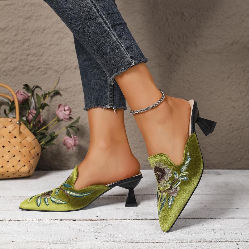 2026 Autumn New Elegant Temperament Heel Foot-binding Slippers Embroidery Design Banquet Square Head Shallow Non-slip High Heels