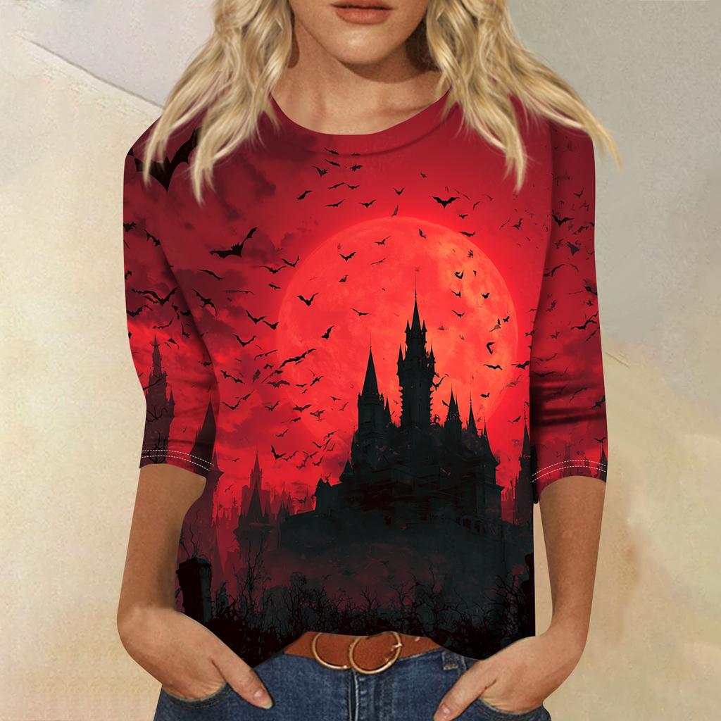 Women Casual Round Neck Halloween Print T Shirt Three Quarter Sleeve Top Lightweight Comfortable Fit Seasonal Graphic Tee