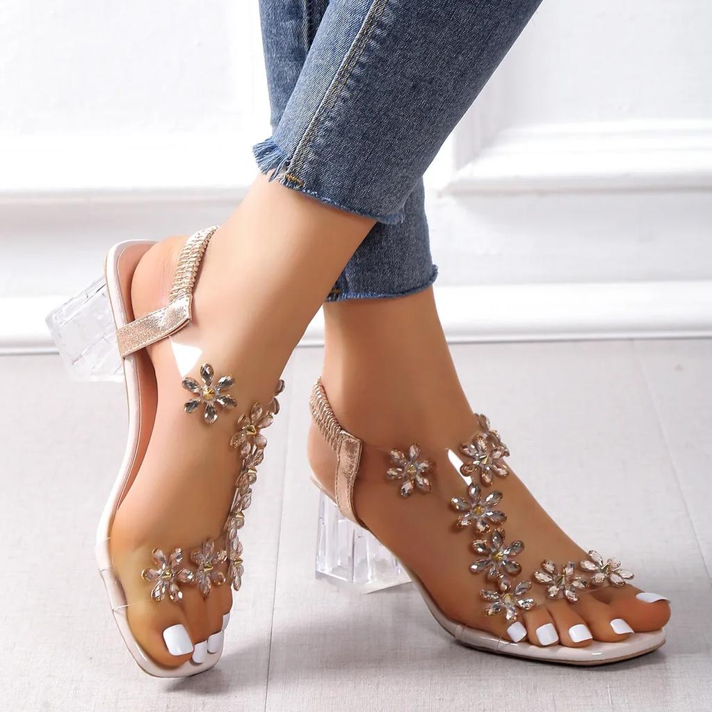 Fashion Ladies Zapatos 2025 Summer Pvc Crystal Flower Chunky Heel Peep Toe Back Strap Elastic Elegant Fashion ShoesWomen Sandals