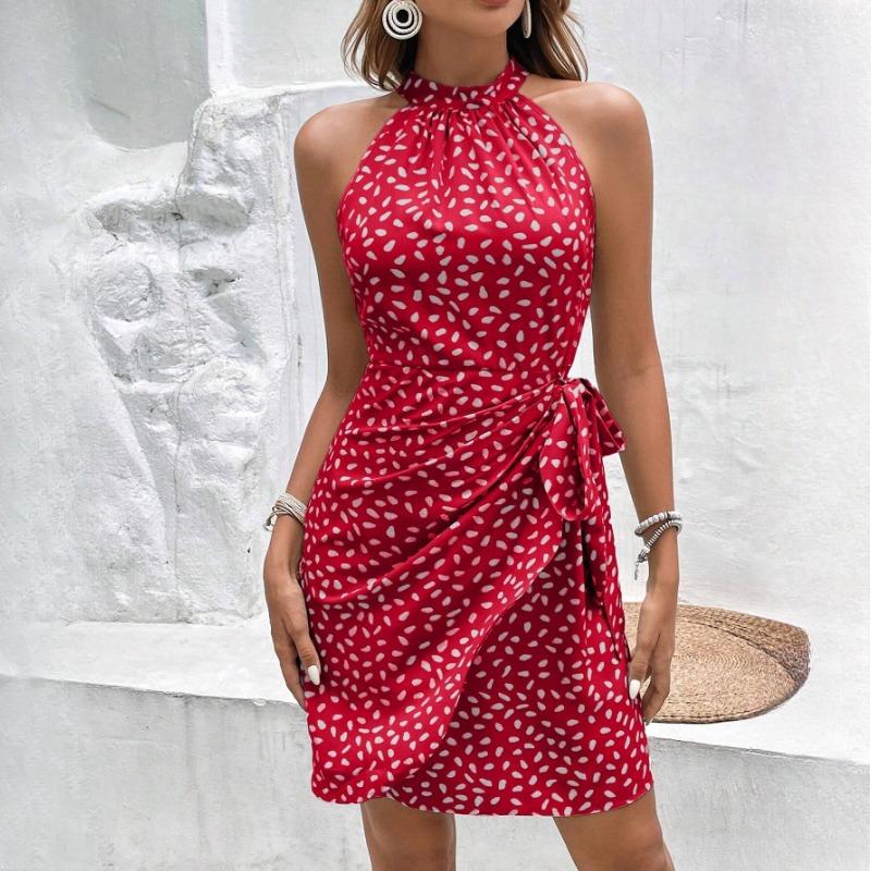 GMXIA Women's Summer Fashion Hanging Neck Zip Sleeveless Floral Pleated Short Dresses