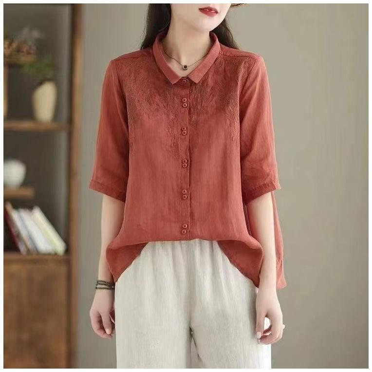 

Artistic Retro Cotton Linen Quarter Sleeve Embroidered Shirt for Spring Summer XL