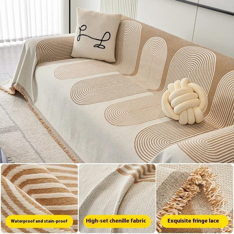 Double Sided Simple Arches Lines Jacquard Chenille Sofa Towel with Tassels, for All Season Living Room Couch Decor Throw Blanket