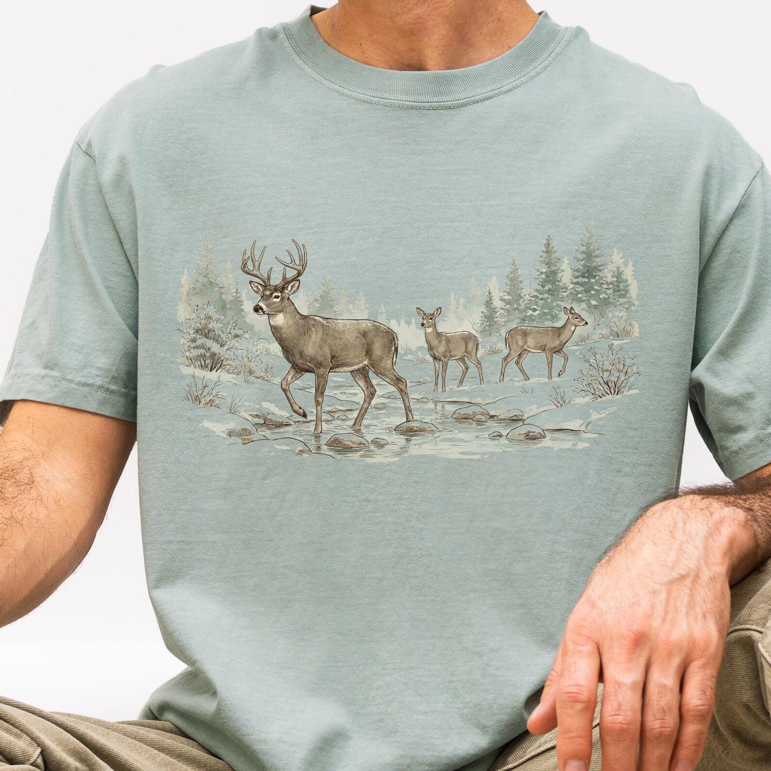 Vintage Deer Winter Forest T-Shirt, Comfort Colors Nature Tee, Retro Buck Graphic, Rustic Gift XL