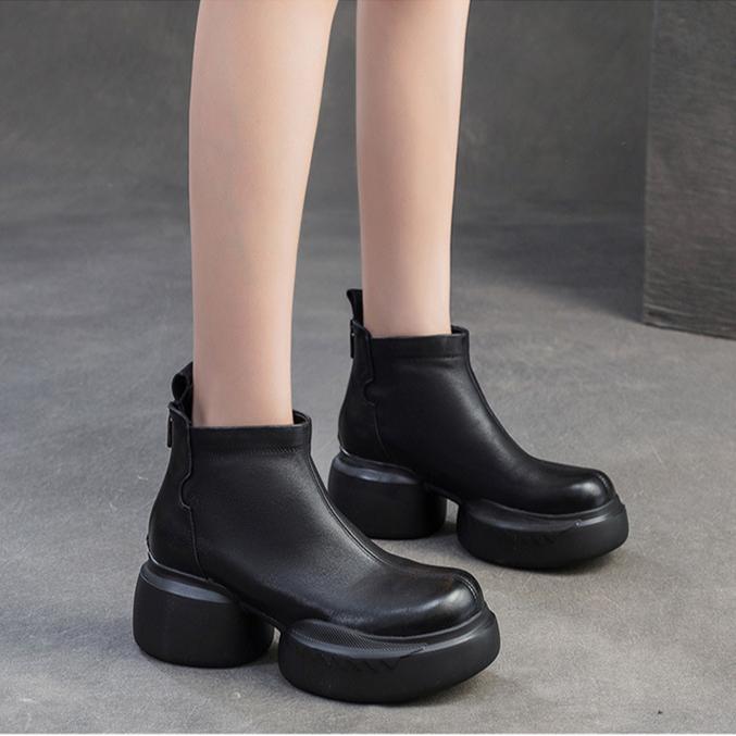Johnature Plush Warm Thick Soled Short Boots Genuine Leather Round Toe Versatile Comfortable Women's Shoes