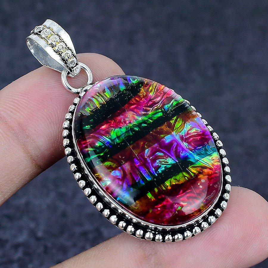 Dichroic Glass Gemstone 925 Sterling Silver Jewelry Pendant 1.97"