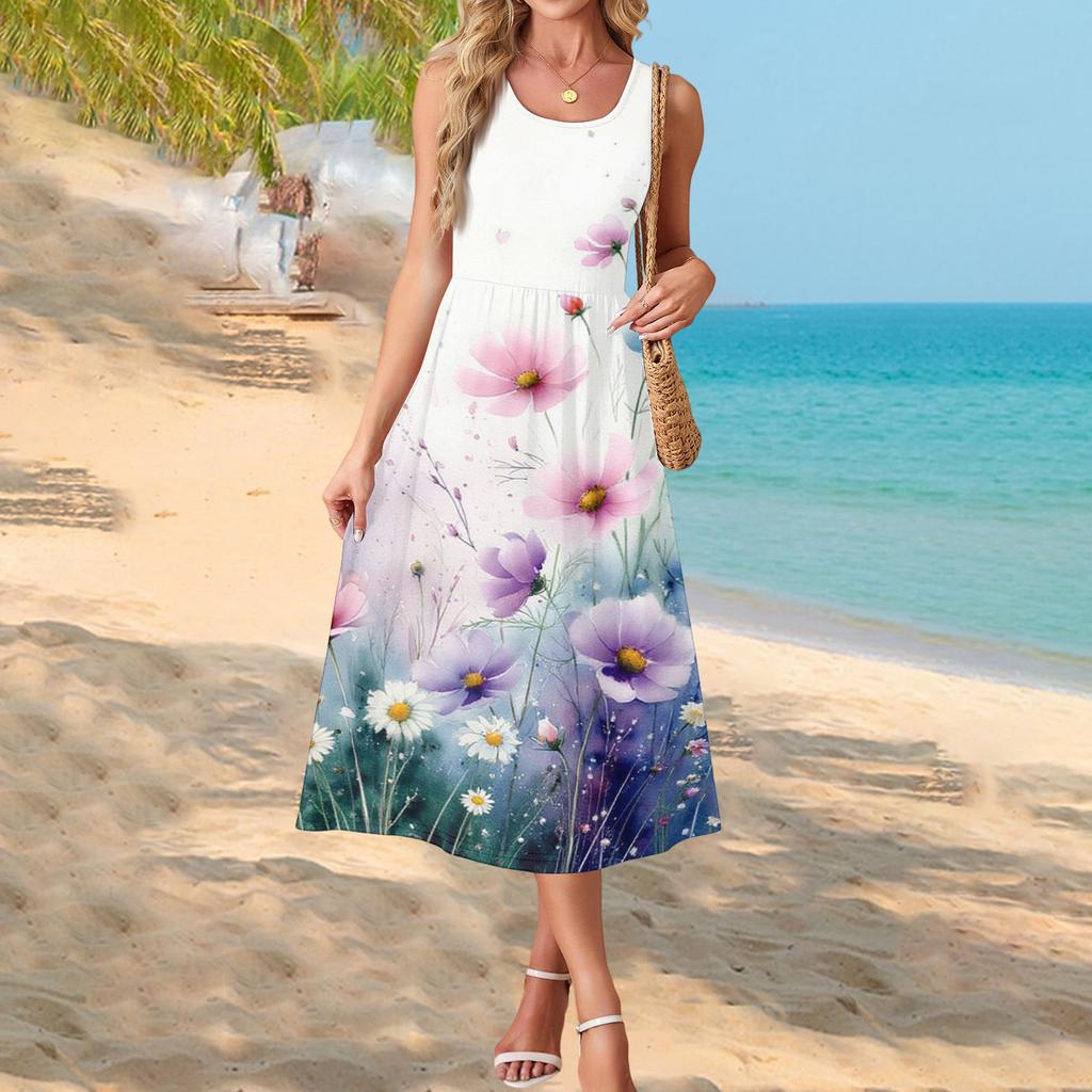 Sleeveless Floral Print Maxi Dress for Women Casual Loose Fit Summer Dresses for Women Uk Ladies Summer Dresses Uk