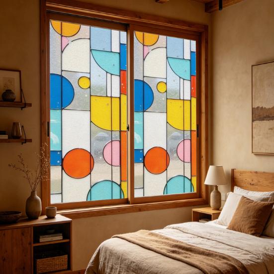 Fenster Sichtschutzfolie Statischer Glasaufkleber Klebstofffrei Blickdichte Sichtschutzfolie Retro Farbige Fensterdekoration Pflegeleicht für Badezimmer und Schlafzimmer