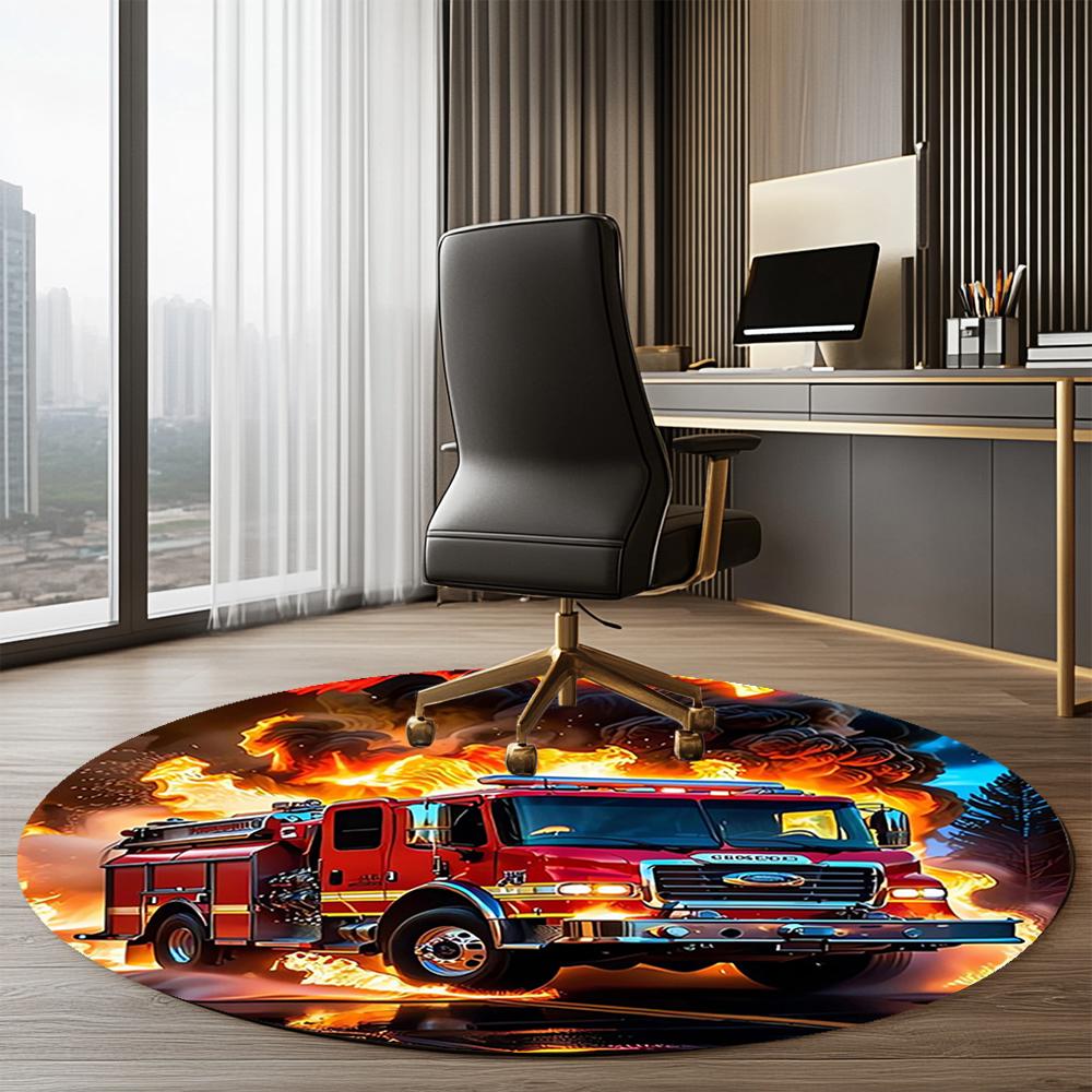 Fire Truck Printed Round Rug Carpet Chair Rug Area Rug Entryway Doormats,for Office Chair Living Room Bedroom Kitchen Room.