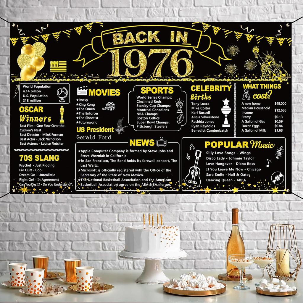 BEPAN 50th Birthday Black Gold Party Decoration, Back In 1976 Banner 50 Year Old Birthday Party Poster Supplies Vintage 1976 Backdrop