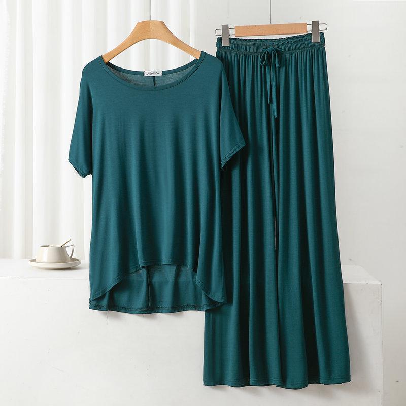 Damen Übergröße Freizeit-Pyjama-Set: Modal Rundhals Kurzarm Oberteil & Weitbeinige Hose