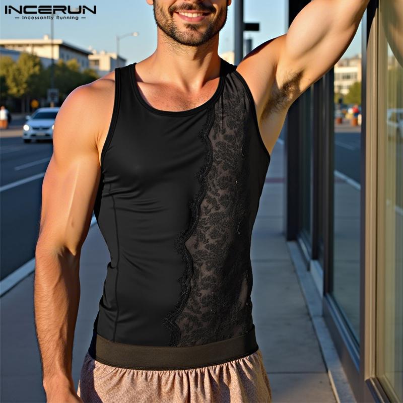 

INCERUN Men O-neck Sleeveless Lace Patchwork Fitted Casual Tank Tops XL чорний