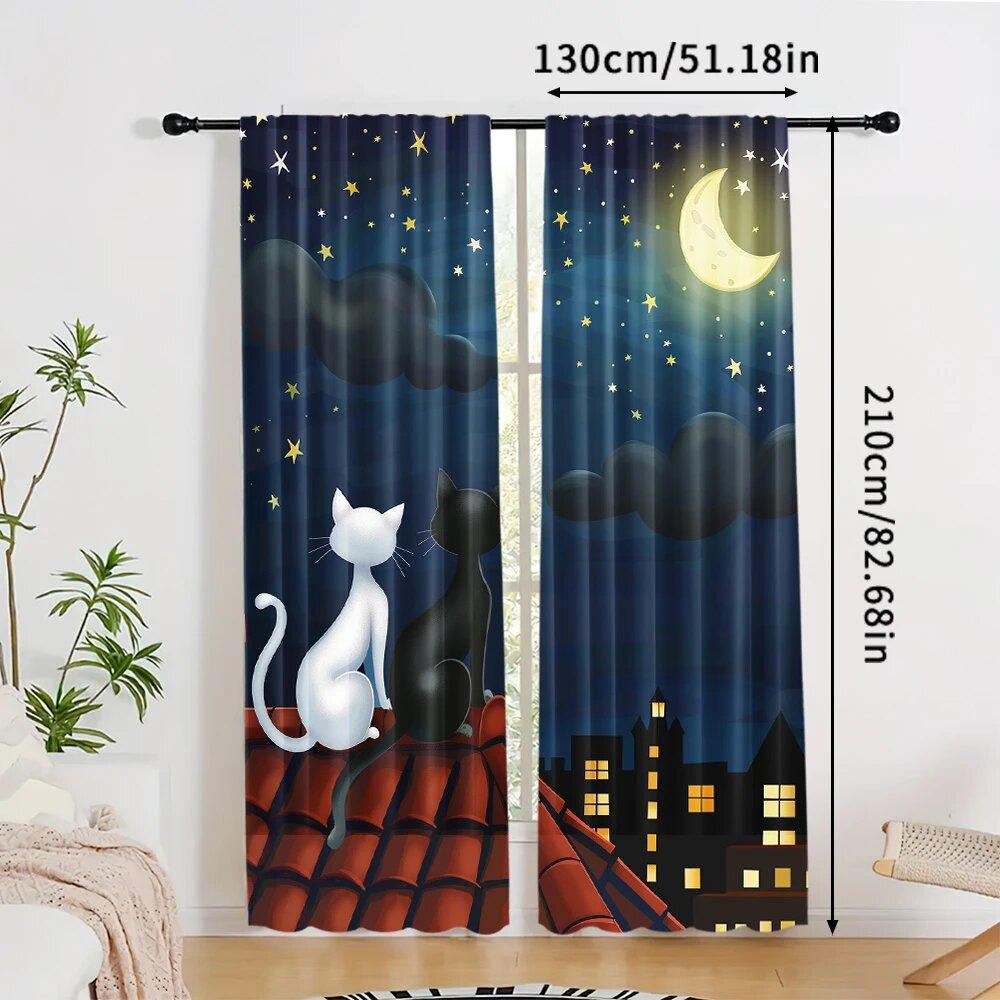 2 Pieces of Cat and Full Moon and Star Printed Curtains On the Roof   Pole Bag Curtains   Home Decoration   Room Decoration