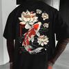 Men Japanese Koi Fish Graphic T-Shirt Navy Blue with Print Summer Tee for Beach Outfits Men Clothing