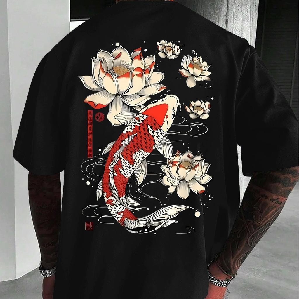 Men Japanese Koi Fish Graphic T-Shirt Navy Blue with Print Summer Tee for Beach Outfits Men Clothing