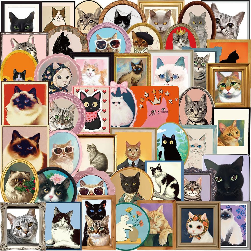 50 Cartoon Retro Cat Doodle Stickers Decorative Ipad Suitcase Notebook Diy Waterproof