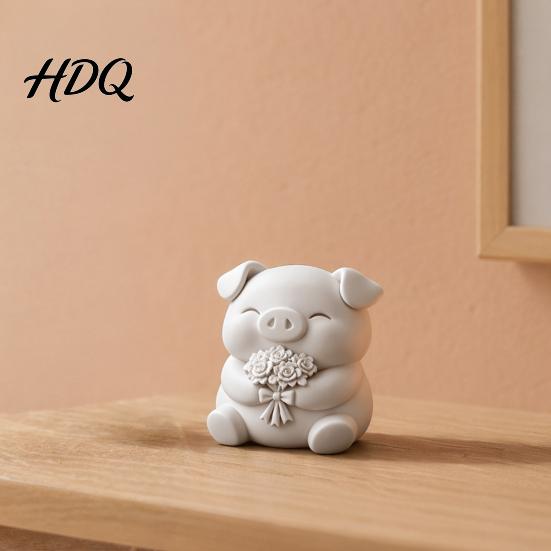 Soft Shape Pig Decoration 3D Printed Cute Figurine Small Holding Flower Bouquet