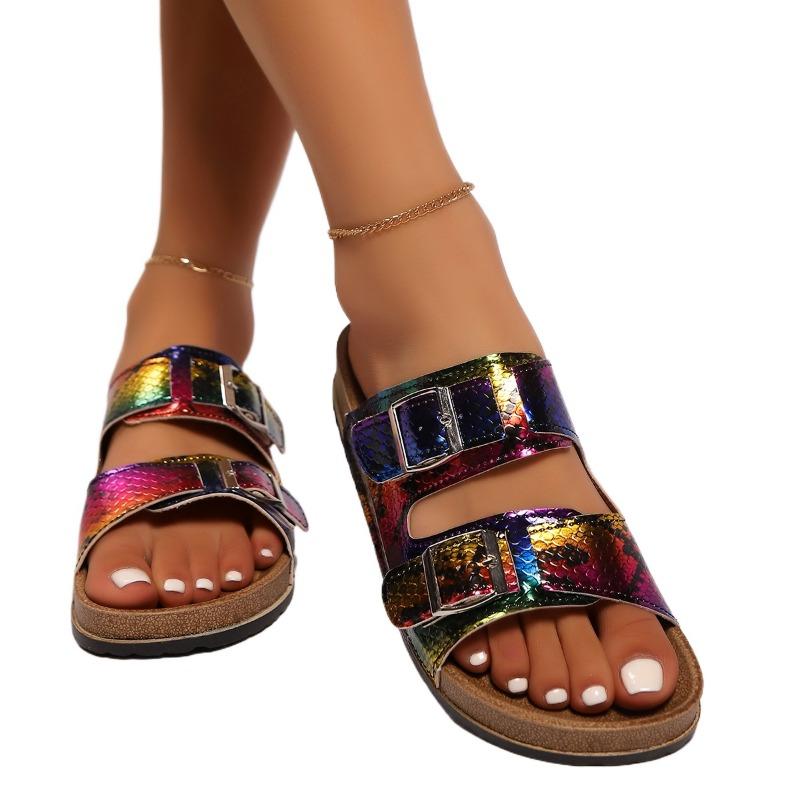 Fashion Plus Size 2025 Summer Women’s Open Toe Slippers Buckle Round Toe Platform Flat with Sandals for Outdoor Daily Casual Slippers