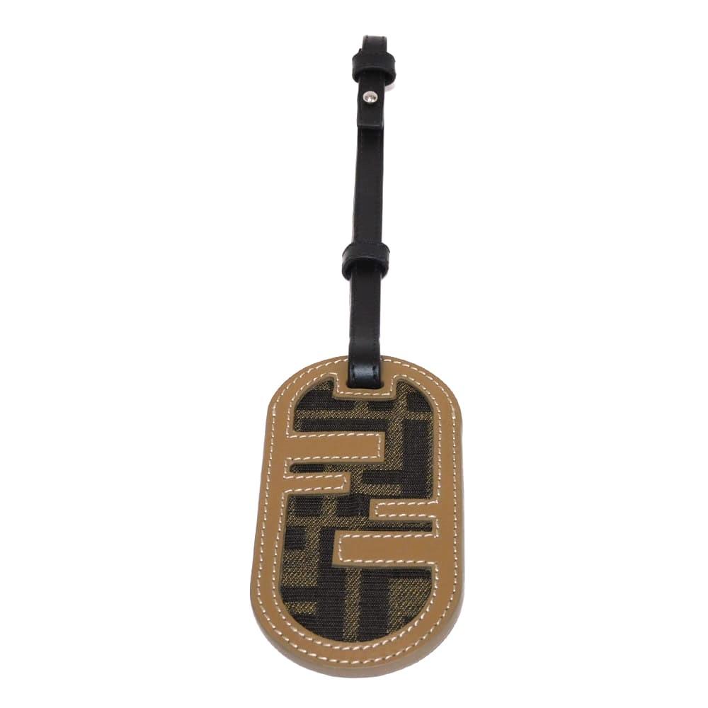 Used 11491 FF Logo Name Badge Travel Tag 7AS115 AL8H F1IKC 7989 Logo Khaki Calfskin Unused Zucca Fabric Brown Unisex